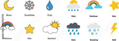 Set of colorful weather icons including sun moon rainbow rain and snow
