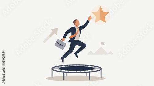 Businessman jumping on a trampoline towards a star symbolizing success and achievement in a professional context