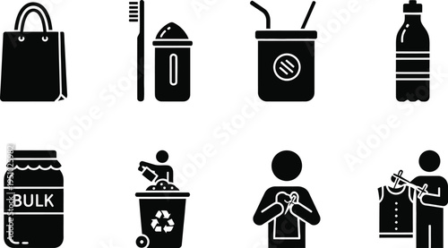 Zero Waste Lifestyle and Eco Friendly Product Icon Set including Reusable Bag, Bulk Container, Recycling Bin, Water Bottle, and Sustainable Hygiene Symbols for Green Business UI Design