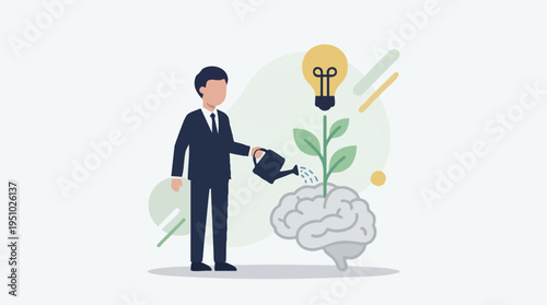 Businessman nurturing innovative ideas represented by a plant growing from a brain and a light bulb as a flower for creativity and growth