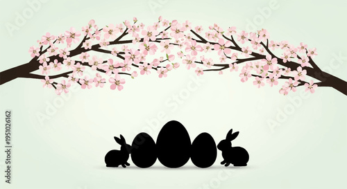Easter eggs and bunnies under blooming cherry blossom tree branch on light green background
