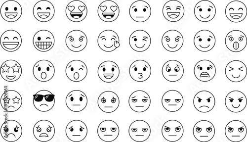 Emoji, faces, expressions, set, emoticon, smile, sad, angry, love, cool, wink, cartoon, outline, vector, reaction, mood, collection, social, communication, icons
