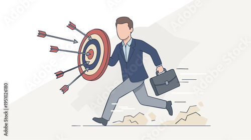 Businessman Running Toward Goals with Suitcase and Target Symbols, Representing Success and Career Pursuit in a Dynamic Work Environment
