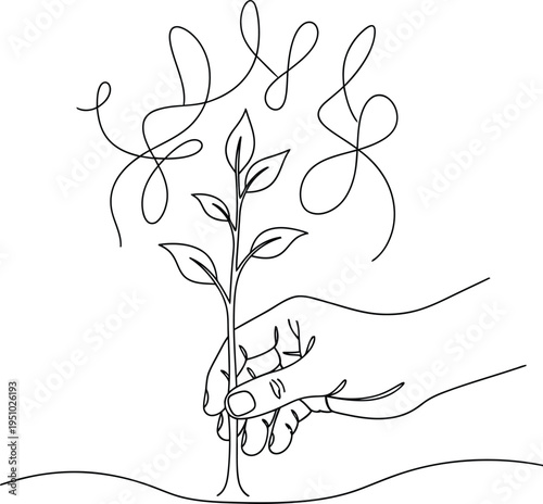 Continuous line drawing of a human hand tenderly holding a young plant with abstract growth patterns above, symbolizing nature's care and development.