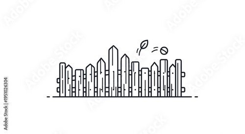 Minimalist Wooden Fence with Falling Leaves and Bubbles - Simple Line Art