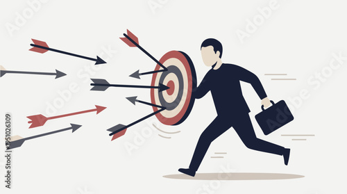 Businessman Running Towards Target with Arrows Hitting Goal, Success and Achievement Concept
