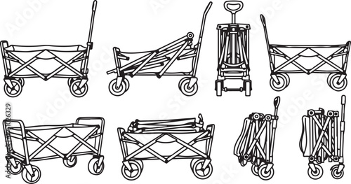A variety of different types of utility carts and hand trucks for moving items. Vector