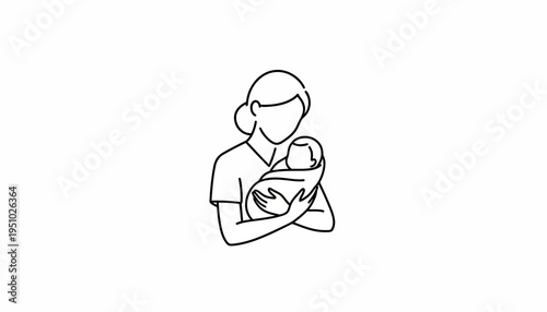 Mother holding newborn baby in arms, minimalist line art illustration, love and care concept