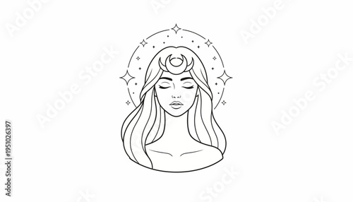 Mystical Woman with Crescent Moon Headdress and Stars - Esoteric Astrology Symbol
