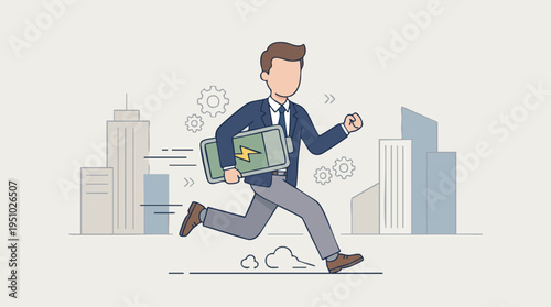 Businessman Running with Laptop and Charger in Cityscape, Technology and Innovation Concept