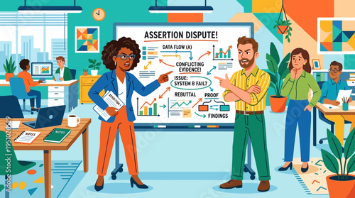 Business professionals discussing data flow and assertion dispute.