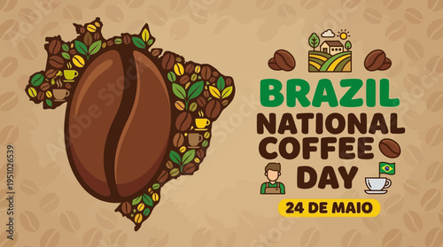 Brazil National Coffee Day with a large coffee bean and map illustration.