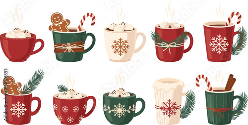 Christmas hot cocoa mugs vector illustration set with gingerbread cookie, candy cane, whipped cream and festive winter holiday drink designs
