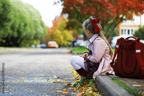 Little Girl with Backpack Sitting on Sidewalk in Autumn Day