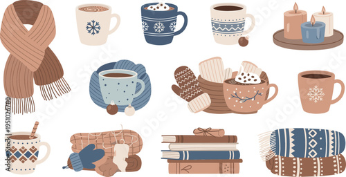 Cozy winter hygge elements vector illustration with warm coffee mugs, scarf, candles, books and knitted socks, autumn comfort lifestyle set