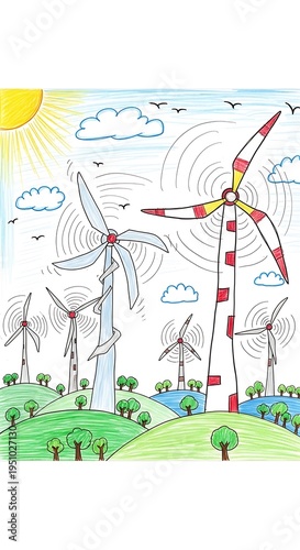 Children's drawing depicts numerous wind turbines operating under a bright sunny sky over rolling green hills