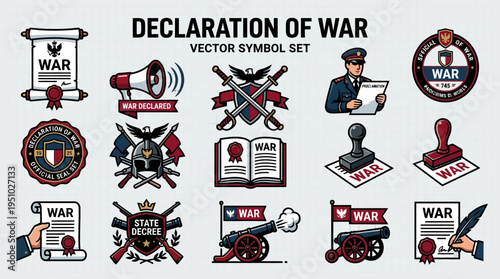 Declaration of War Vector Symbol Set with Military and Legal Emblems.