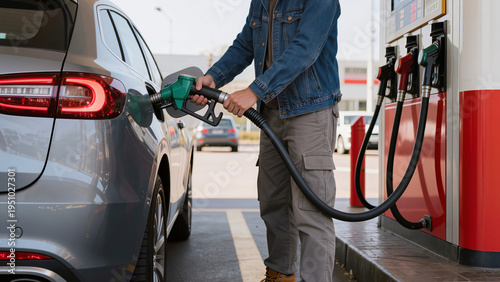 Photos ​A man is refueling, Fuel flows into the car, The day is bright outside, Refueli