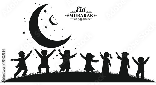 Celebrating eid mubarak with joyful children reaching for the crescent moon silhouette high quality professional detailed