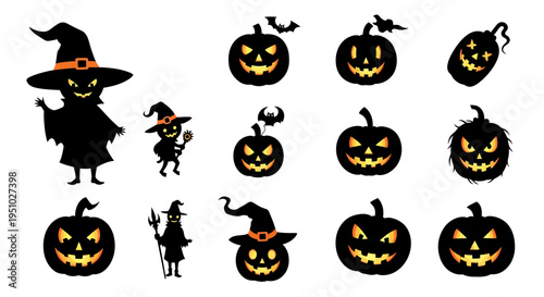 Spooky Halloween Vector Silhouette Set Witches, Jack-o'-Lanterns, and Creepy Figures; Ideal for Festive Autumn Celebration Graphics and Seasonal Party Designs