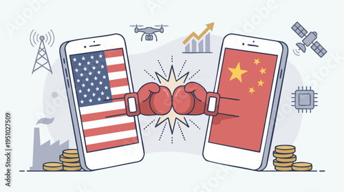 Digital confrontation between the United States and China represented by two smartphones with clenched fists symbolizing conflict and competition