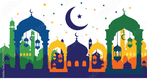 Colorful islamic architecture with crescent moons and stars a vibrant celebratory silhouette high quality professional detailed