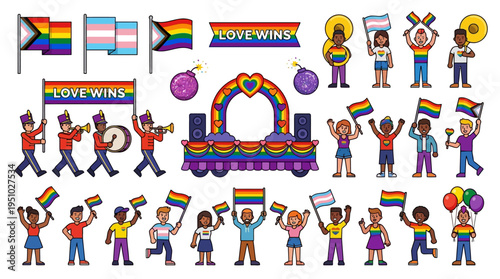 Diverse Group Celebrating Pride with Flags and Music.