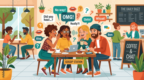 Diverse group of friends enjoying conversation and coffee at a cafe table.