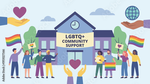 Diverse group of people celebrating LGBTQ community support.