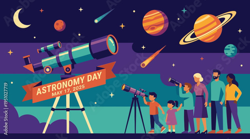 Diverse group of people observing the night sky with telescopes on Astronomy Day.
