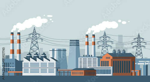 Industrial landscape flat vector illustration featuring a modern power plant, factory buildings, and high-voltage electricity transmission towers. Depicts energy production and infrastructure