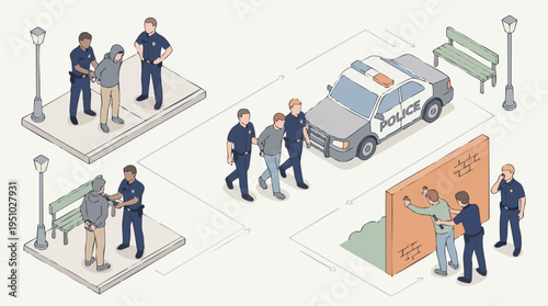 Police Officers Arresting Suspect and Ensuring Security in a Public Park Scene Illustration