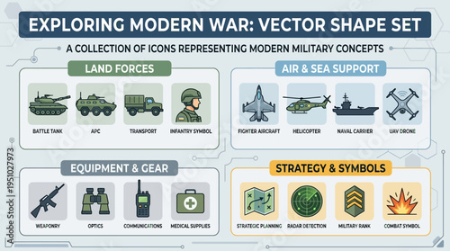Exploring Modern War Vector Shape Set Military Concepts Icons Collection.