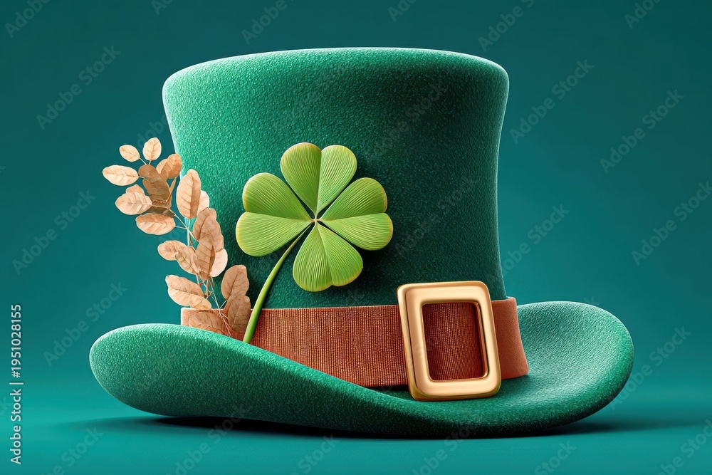 Obraz premium Green leprechaun hat with four-leaf clover and gold buckle for St. Patrick's Day celebration