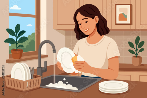 Young woman washing dishes in kitchen sink