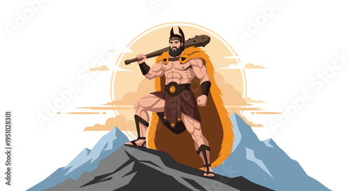 Powerful barbarian warrior with a lion skin cloak and a spiked club stands triumphantly on a snowy mountain peak.