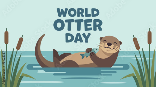 Happy Otter Floating on Water Celebrating World Otter Day.