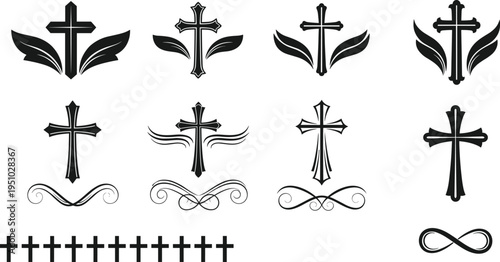 Collection of Christian cross symbols with wings and decorative designs, religious faith artwork, spiritual heritage emblem illustration, cultural vector concept, flat vector illustration