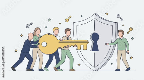 Team of diverse professionals holding a large key in front of a shield symbolizing cybersecurity and data protection concept