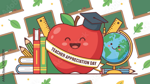 Happy Teacher Appreciation Day with cute apple globe and school supplies.