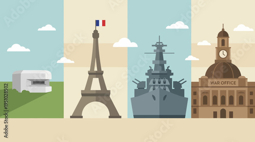 Iconic French landmarks and historical elements in a stylized illustration.