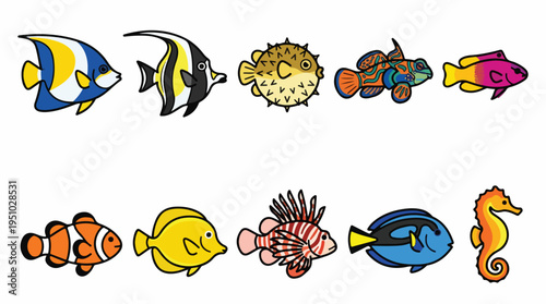 Collection of colorful cartoon fish and a seahorse, representing diverse marine life.