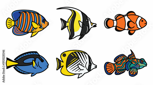 Collection of six colorful tropical reef fish illustrations, including angelfish, butterflyfish, tang, and clownfish.