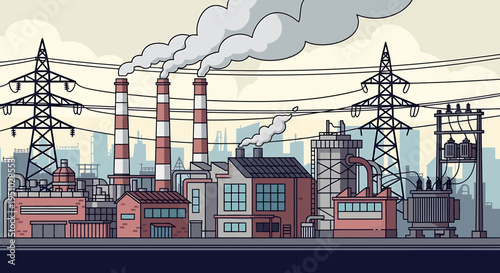 Industrial cityscape illustration featuring smoking factories, power lines, and electricity pylons against an urban skyline, symbolizing energy production and air pollution