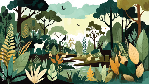 Vector illustration of a lush forest landscape with trees, plants, and a stream