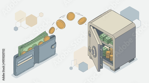 Wallet with cash and coins being stored in a digital safe for secure money storage and theft protection