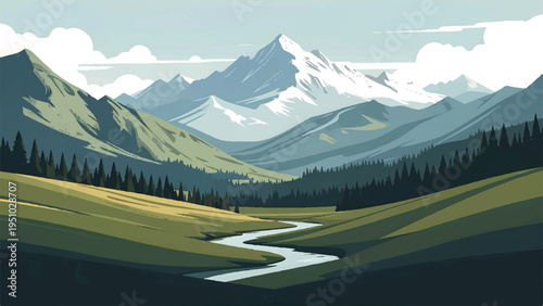 Vector illustration of mountain landscape with river and trees