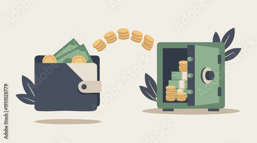 Wallet and safe with coins representing savings and financial security concept in a minimalist illustration