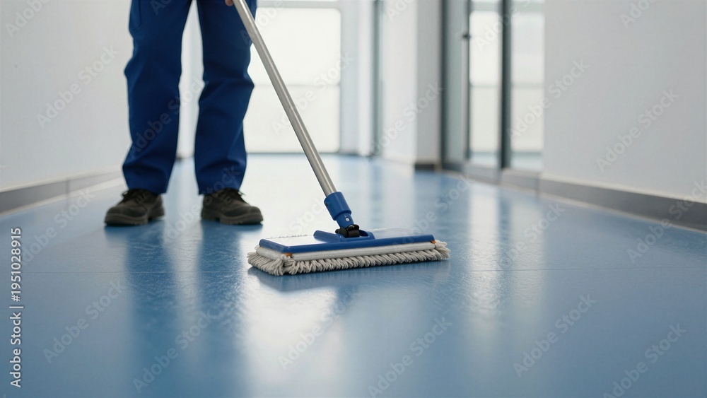 custom made wallpaper toronto digitalA janitor in a blue uniform mops the shiny, reflective floor of an office hallway with a flat mop. The bright light creates reflections on the clean surface.