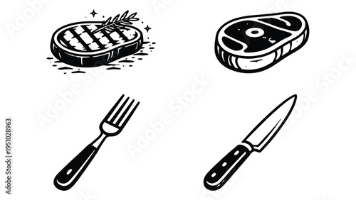 Steak and Cutlery Icons Set – Meat Food Illustration with Knife and Fork Silhouettes